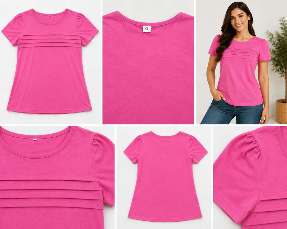 Fantaslook Women's Short Sleeve Crew Neck Pleated Tunic Top